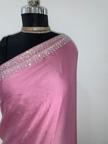 Onion Pink Textured Satin Saree With Stone Work And Unstitched Blouse Fabric