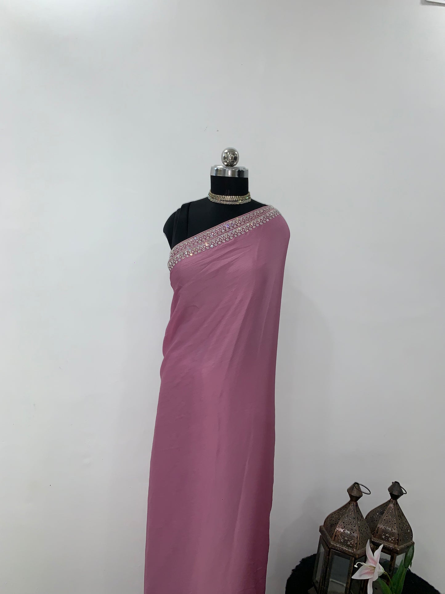 Onion Pink Textured Satin Saree With Stone Work And Unstitched Blouse Fabric
