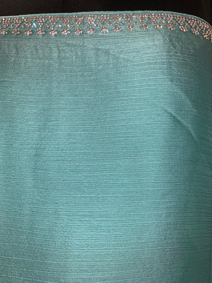 Blue Satin Saree With Stone Work And Unstitched Blouse Fabric