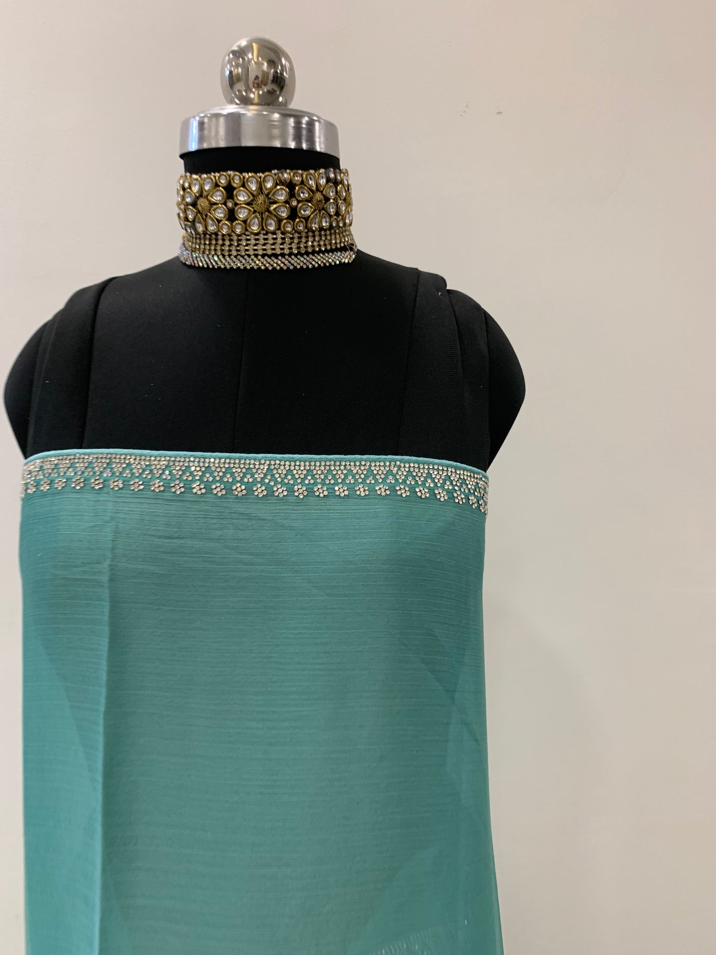 Blue Satin Saree With Stone Work And Unstitched Blouse Fabric
