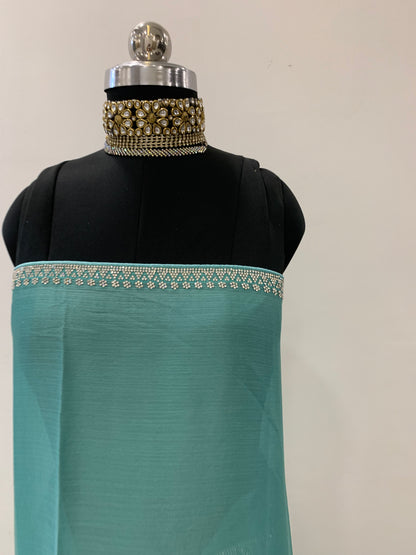 Blue Satin Saree With Stone Work And Unstitched Blouse Fabric