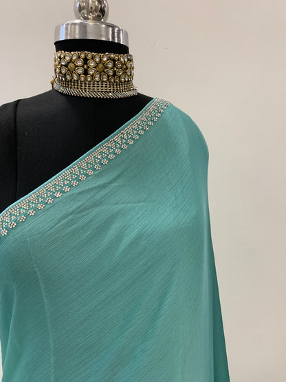 Blue Satin Saree With Stone Work And Unstitched Blouse Fabric