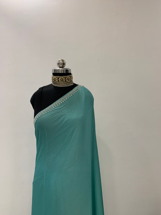 Blue Satin Saree With Stone Work And Unstitched Blouse Fabric
