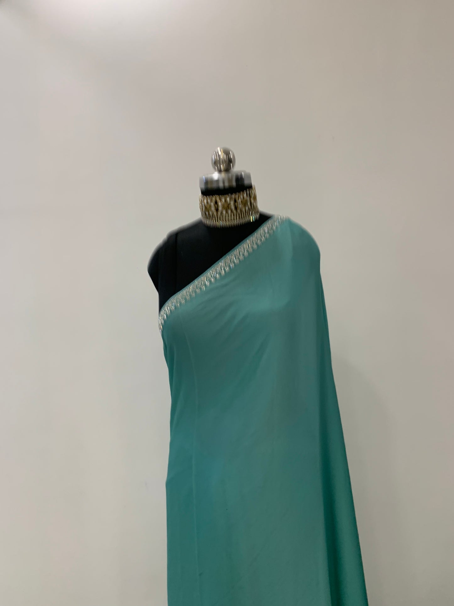 Blue Satin Saree With Stone Work And Unstitched Blouse Fabric