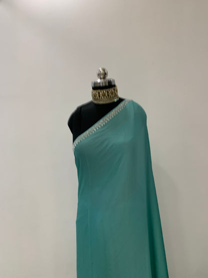 Blue Satin Saree With Stone Work And Unstitched Blouse Fabric