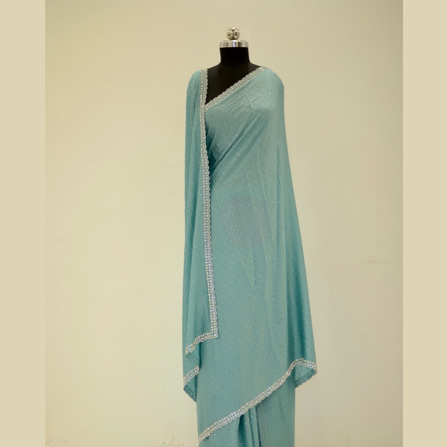 Sky Blue Swarovski Satin Saree