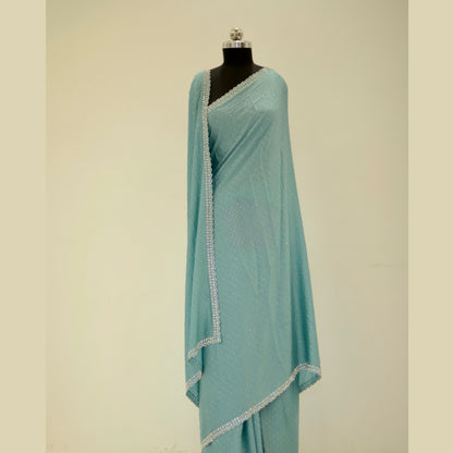 Sky Blue Swarovski Satin Saree