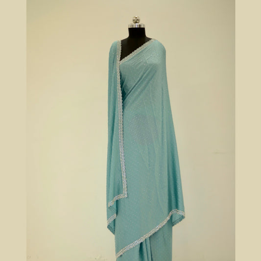 Sky Blue Swarovski Satin Saree