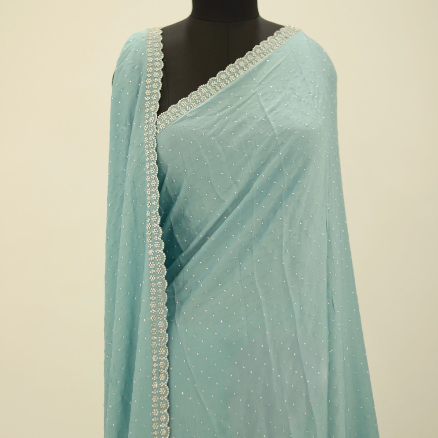 Sky Blue Swarovski Satin Saree