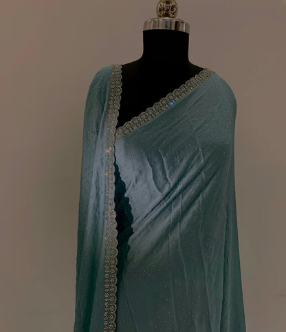 Sky Blue Swarovski Satin Saree