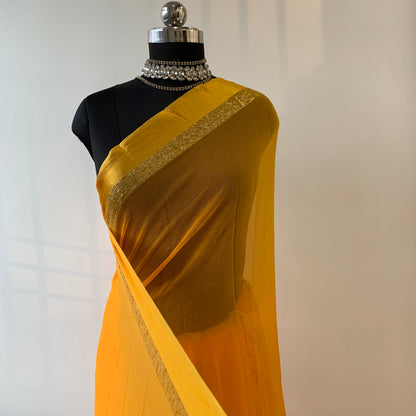 Yellow chiffon saree with resham embroidery