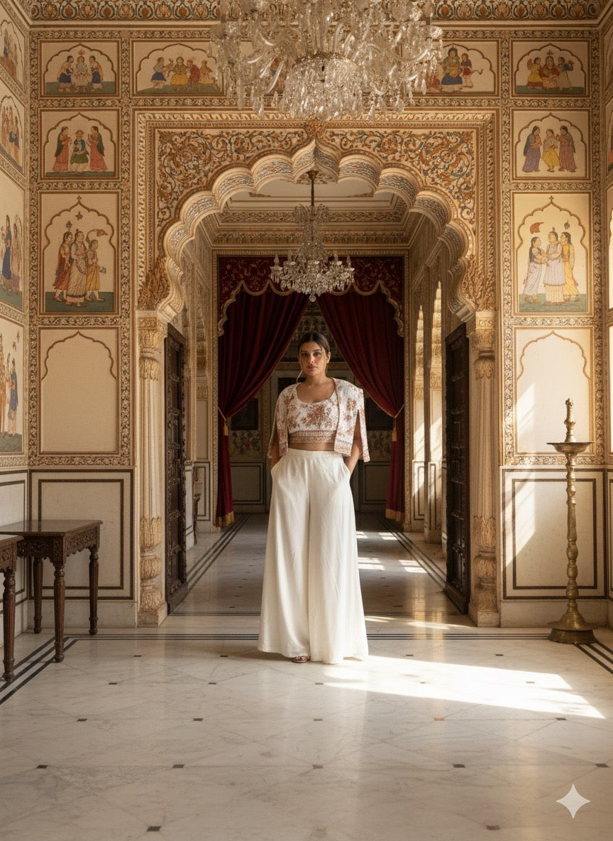 Ivory Embroidered Crop Top and Cape Set