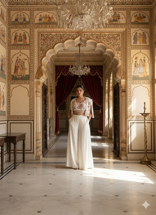 Ivory Embroidered Crop Top and Cape Set