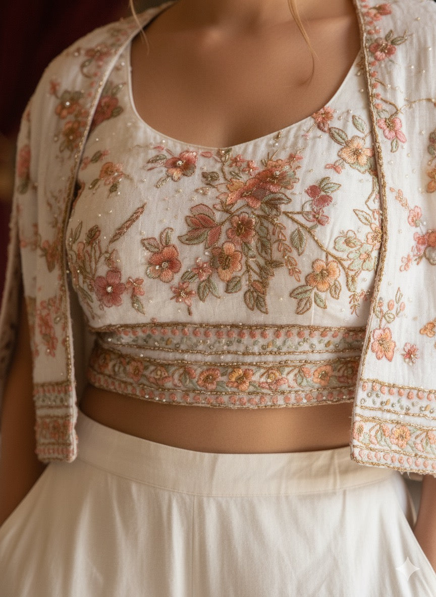 Ivory Embroidered Crop Top and Cape Set