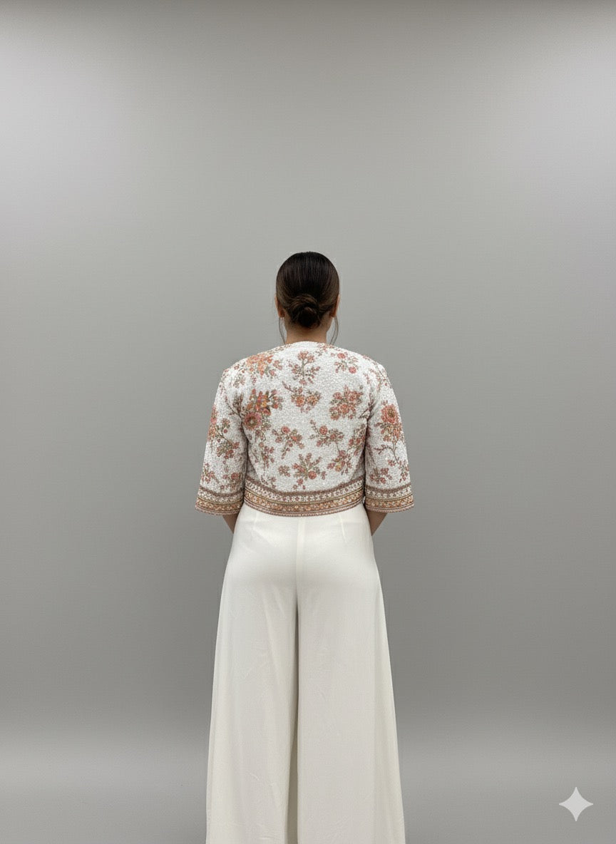 Ivory Embroidered Crop Top and Cape Set