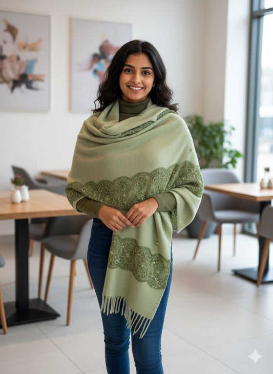 Sage Bloom Embroidered Winter Shawl