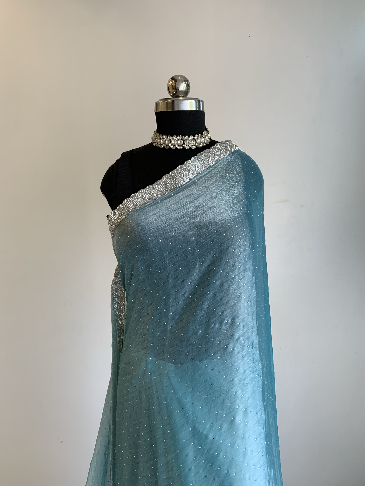 Sea Blue Tissue Saree  with unstitched Blouse Piece