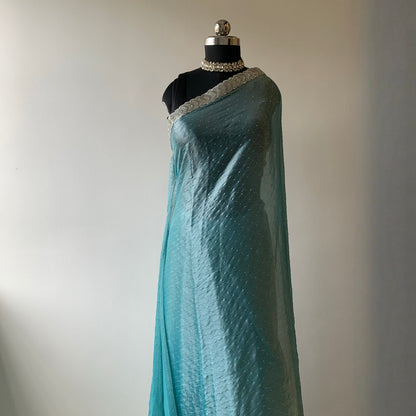 Sea Blue Tissue Saree  with unstitched Blouse Piece
