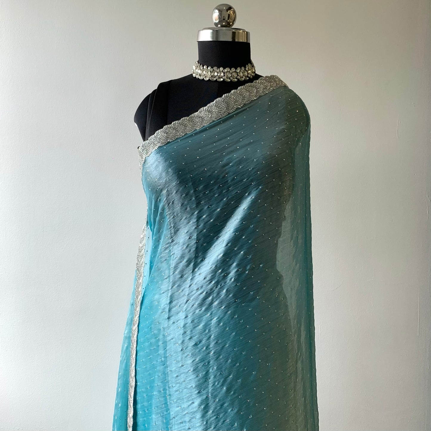 Sea Blue Tissue Saree  with unstitched Blouse Piece
