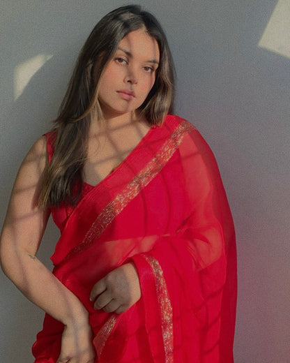 Red chiffon saree with resham embroidery