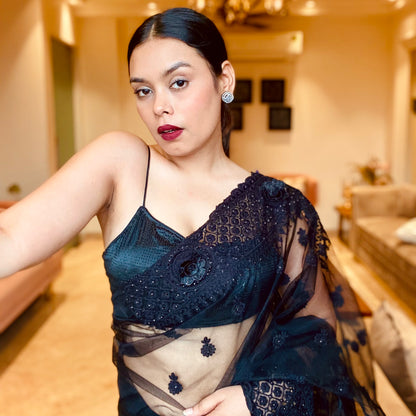 Black Net Saree With Floral Threadwork And Unstitched Blouse Piece
