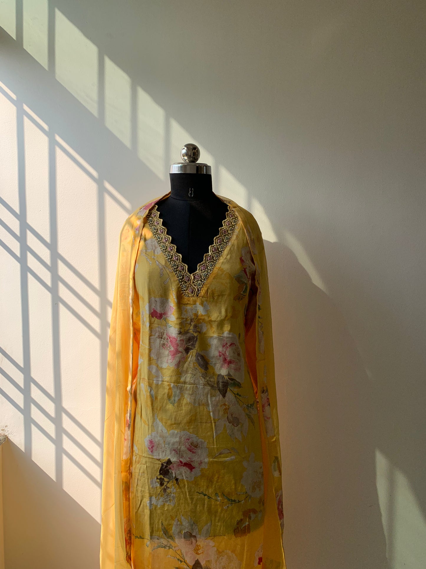 Yellow chinon suit set with Dupatta