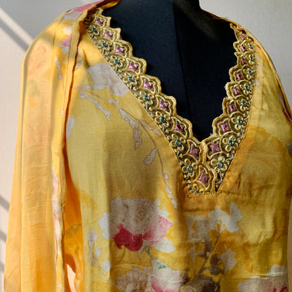 Yellow chinon suit set with Dupatta