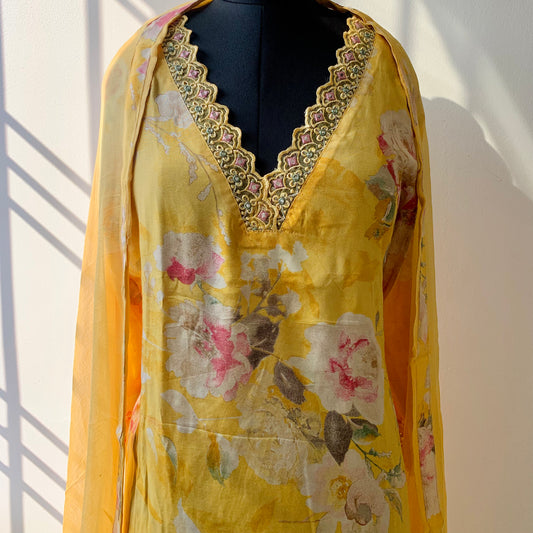 Yellow chinon suit set with Dupatta