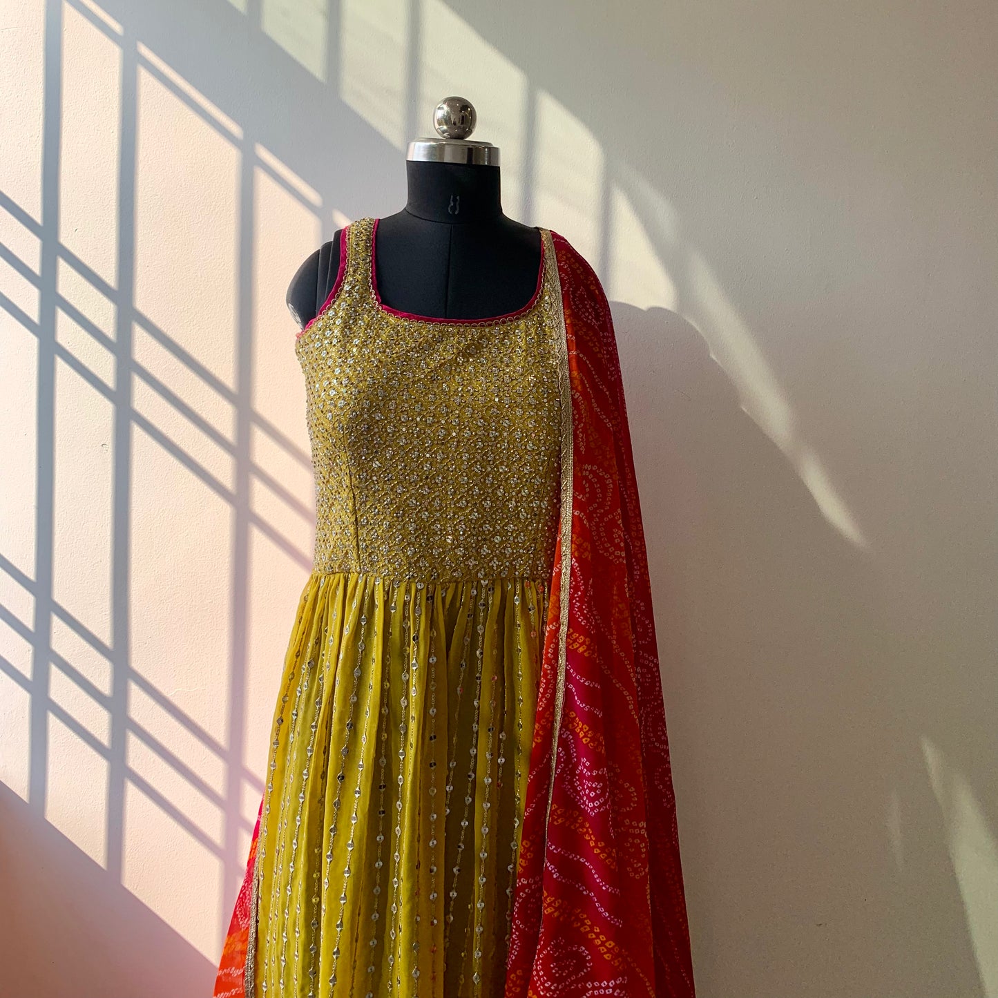 Yellow Pure Georgette Nyra cut Suit with Divider and Chifon Dupatta