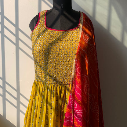 Yellow Pure Georgette Nyra cut Suit with Divider and Chifon Dupatta