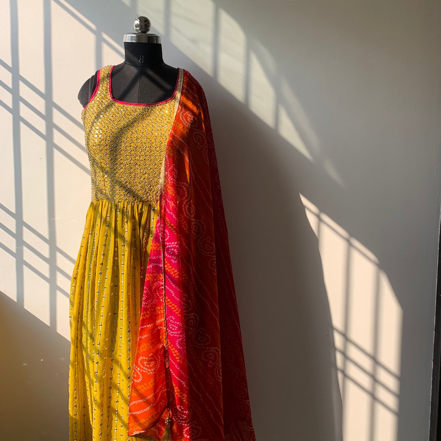 Yellow Pure Georgette Nyra cut Suit with Divider and Chifon Dupatta