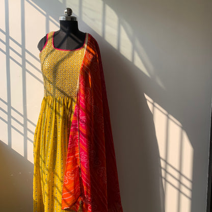 Yellow Pure Georgette Nyra cut Suit with Divider and Chifon Dupatta