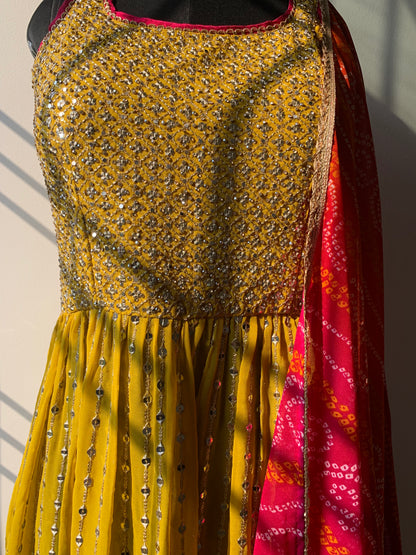 Yellow Pure Georgette Nyra cut Suit with Divider and Chifon Dupatta