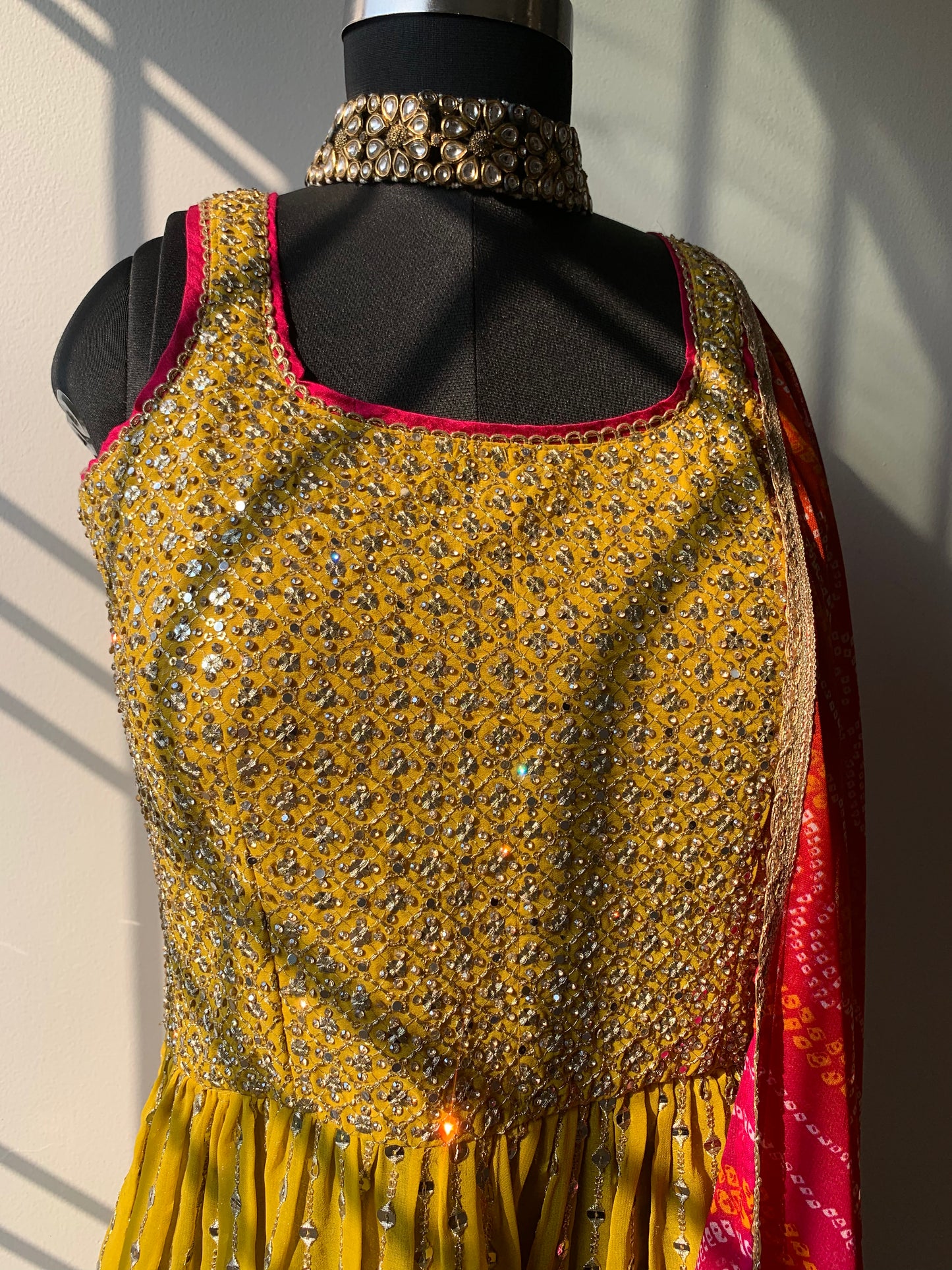 Yellow Pure Georgette Nyra cut Suit with Divider and Chifon Dupatta