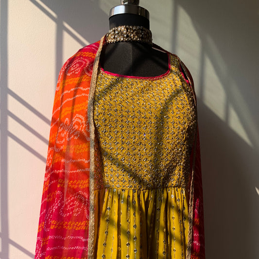 Yellow Pure Georgette Nyra cut Suit with Divider and Chifon Dupatta