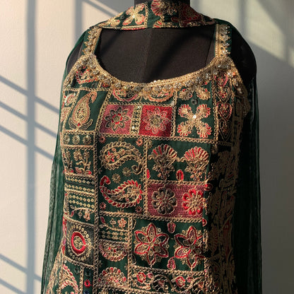 Bottle Green Viscose Georgette Kurta Set