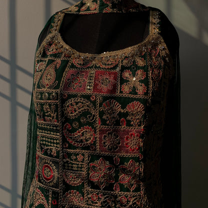 Bottle Green Viscose Georgette Kurta Set