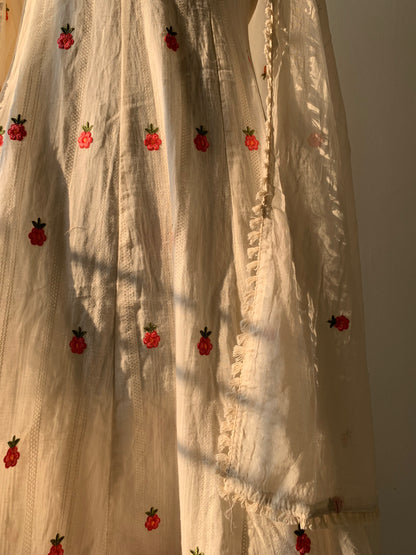 White Cotton Suit Set With Floral Work