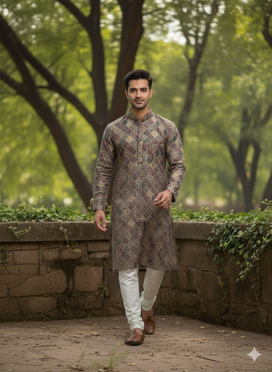 Men’s Geometric Print Kurta Set with Cream Churidar