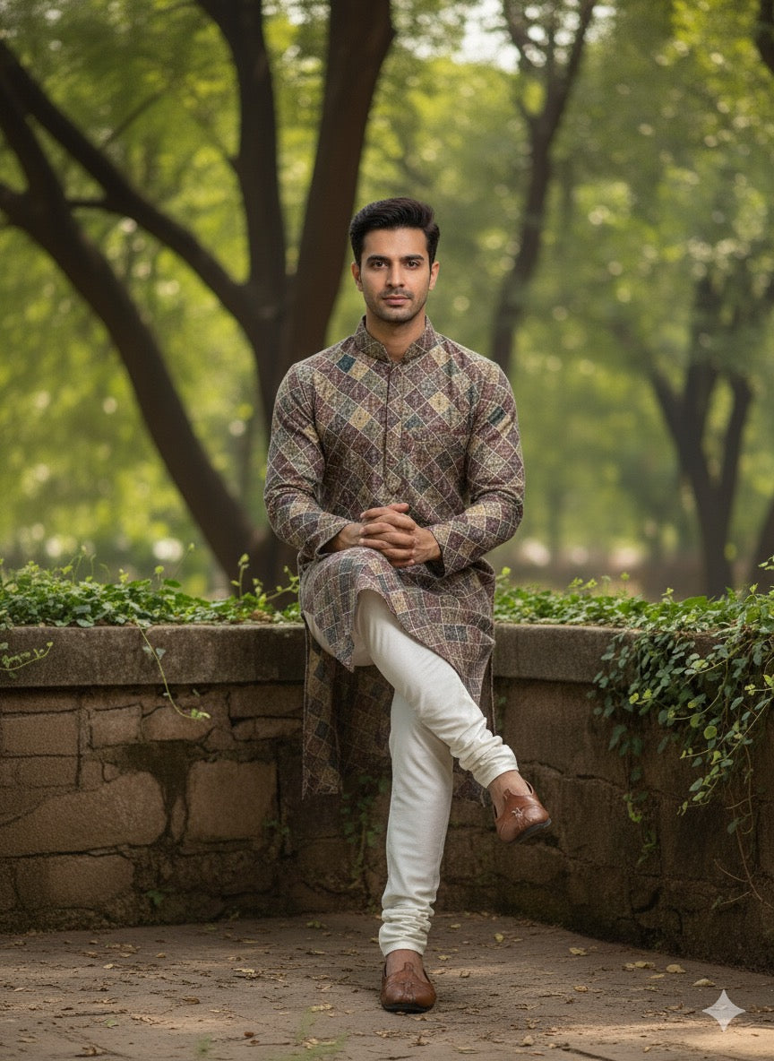 Men’s Geometric Print Kurta Set with Cream Churidar