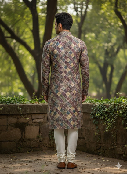 Men’s Geometric Print Kurta Set with Cream Churidar