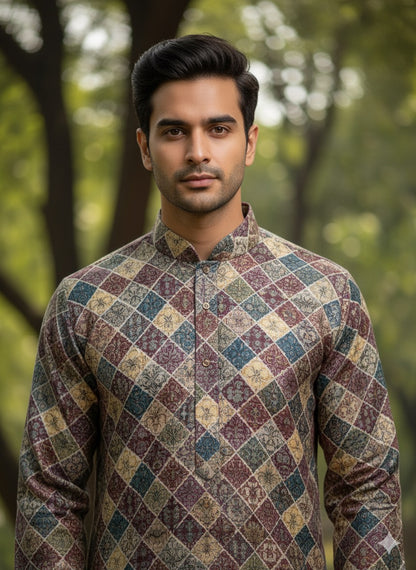 Men’s Geometric Print Kurta Set with Cream Churidar