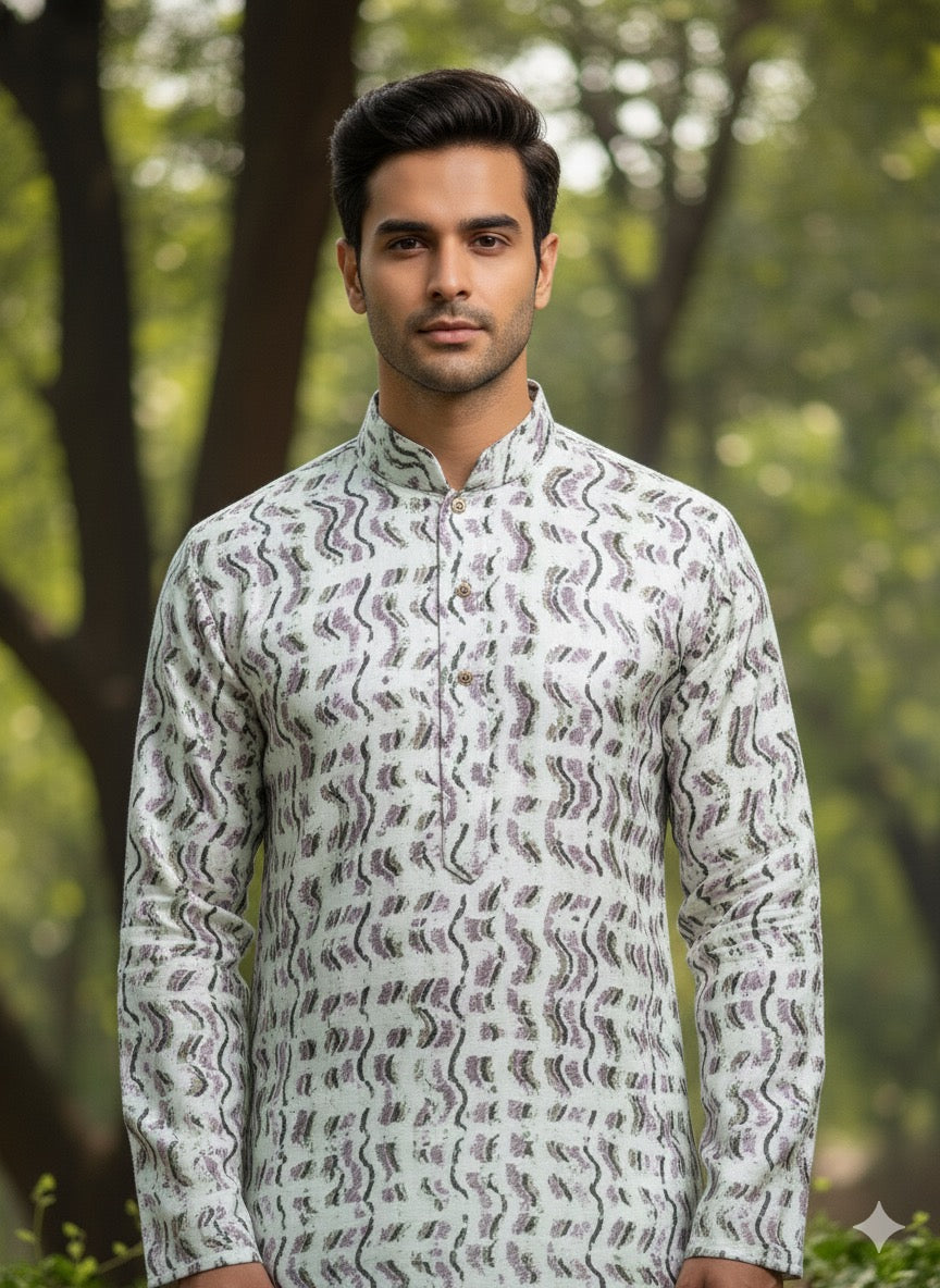 Men’s White Printed Kurta Set with Cream Churidar