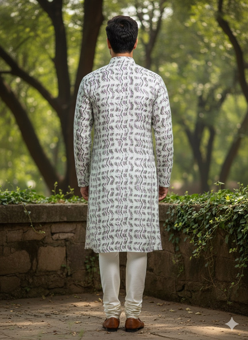Men’s White Printed Kurta Set with Cream Churidar