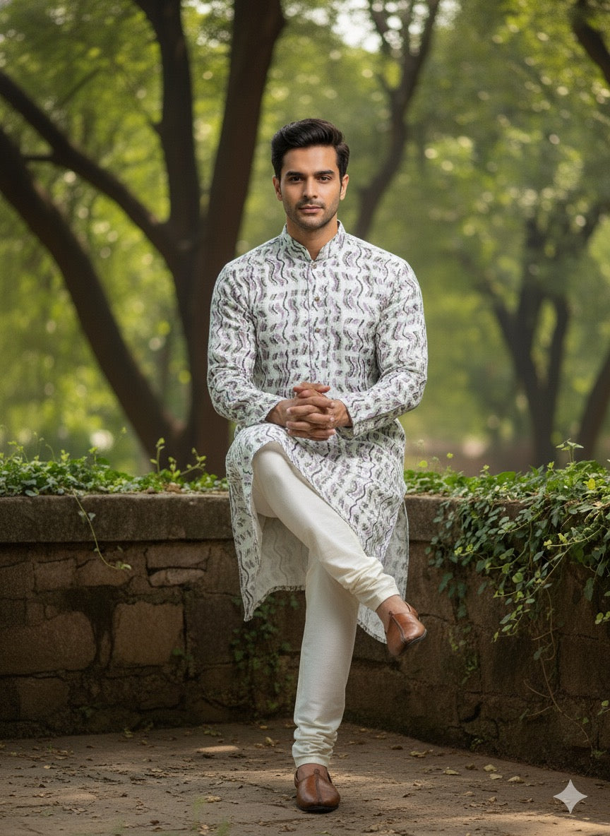Men’s White Printed Kurta Set with Cream Churidar