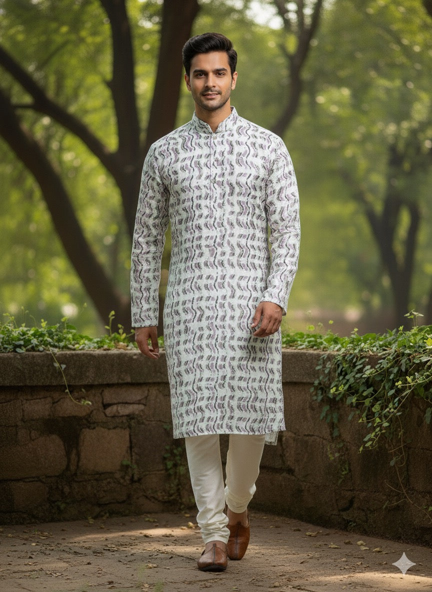 Men’s White Printed Kurta Set with Cream Churidar