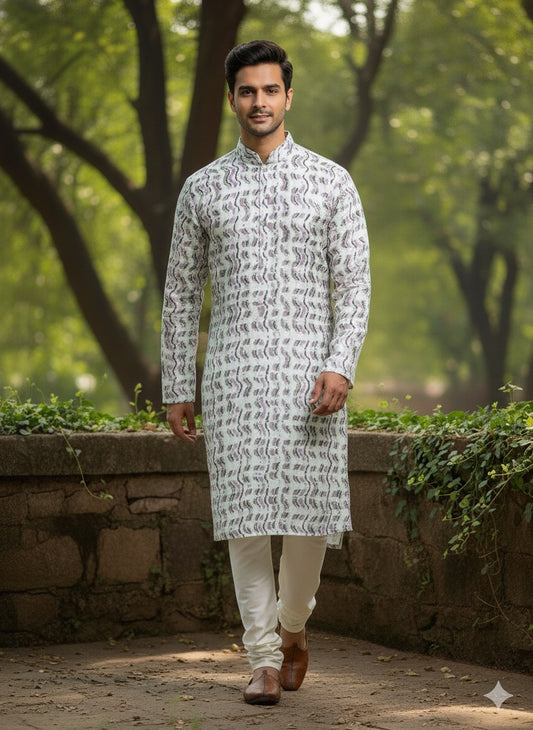 Men’s White Printed Kurta Set with Cream Churidar