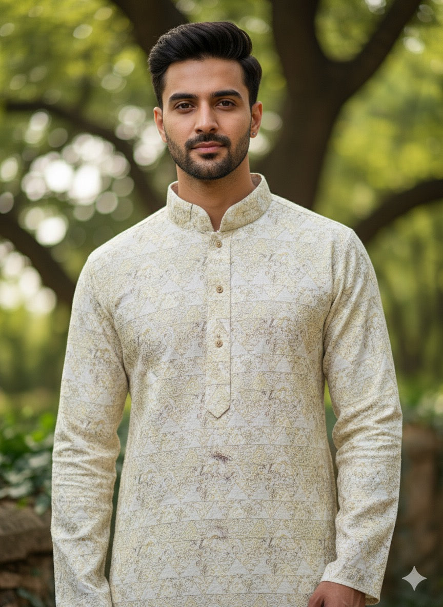 Timeless Elegance: Men's Cream Self-Design Kurta Set