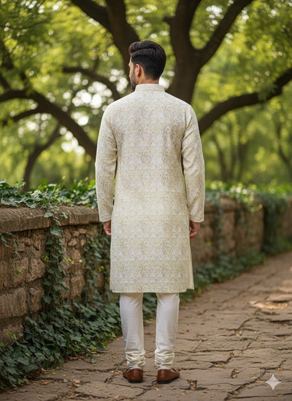 Timeless Elegance: Men's Cream Self-Design Kurta Set