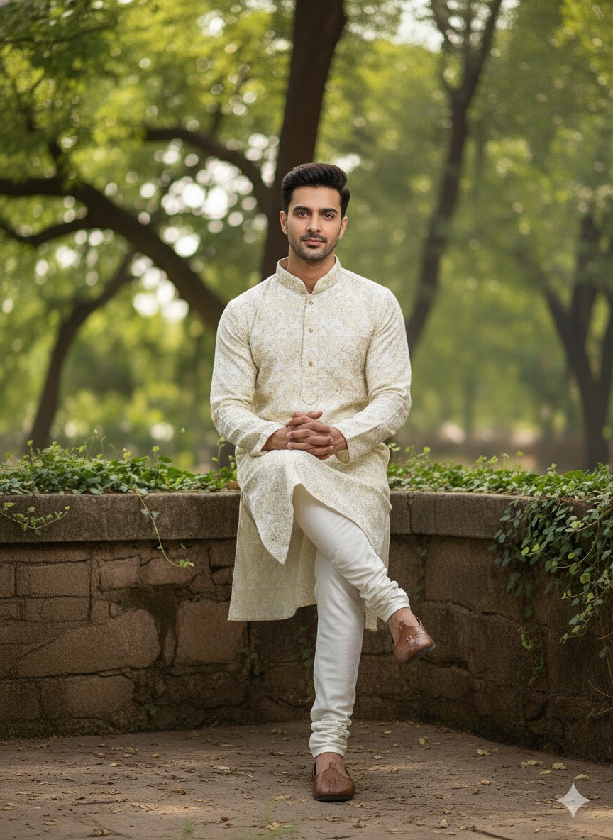 Timeless Elegance: Men's Cream Self-Design Kurta Set